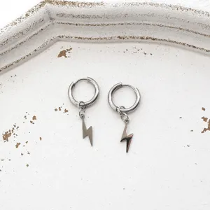 Pendientes de aro de rayo de acero inoxidable, joyería de colgante geométrico plateado.