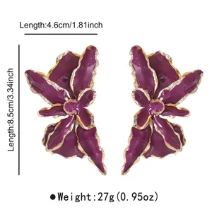 Detailed view of the large exaggerated purple flower earrings showcasing the size and unique shape.