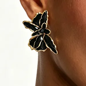 Stunning black and gold statement flower earrings unique oversized design fashion ear studs for women