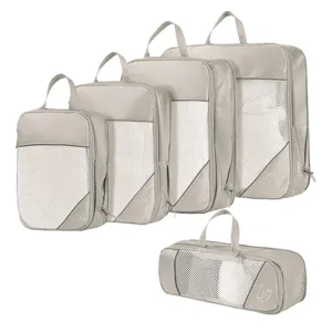 Reise Packtaschen Set 5 Stueck grau Kompression Koffer Organizer Taschen mit Netzfenster Kleidung