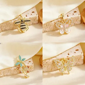 Elegant 18K Gold-Plated Copper Animal Pendant For Women Sweet Butterfly Honeybee Dragonfly Leaf Shape Rhinestone Inlaid Jewelry Pendant Only (Without Chain)