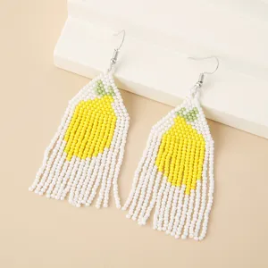 Handmade seed bead lemon fringe earrings summer tropical fruit drop earrings for women