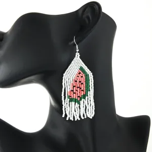 Handmade beaded watermelon fringe earrings, summer ethnic style fruit dangle jewelry for women.