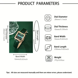 Détail de montre à quartz carrée montrant le diamètre du cadran et la largeur du bracelet.