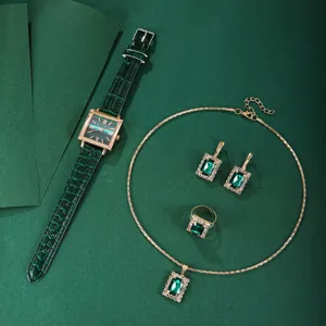 Montre à quartz carrée verte et ensemble de bijoux en cristal, élégant collier boucles d'oreilles.