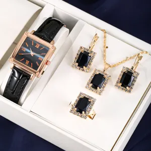 Ensemble de bijoux et montre pour femme avec montre quartz carrée, collier, boucles, bague.