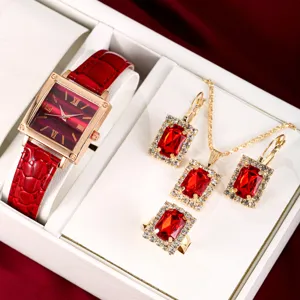 Montre a quartz carree elegante et ensemble de bijoux en cristal rouge avec collier et bague.
