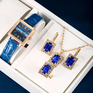 Élégant ensemble de montre à quartz carrée et bijoux en cristal bleu avec collier et boucles.