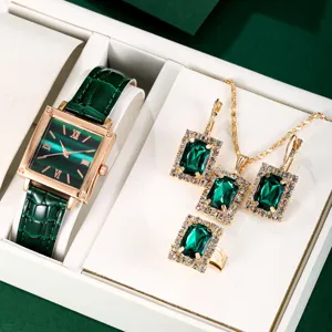 Montre carrée verte et ensemble de bijoux en cristal émeraude pour femme, montre quartz.
