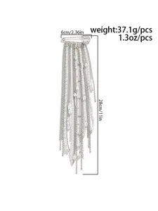 Long silver safety pin brooch with cascading chains and faux pearl tassels, elegant jewelry.
