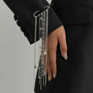Elegant silver tassel safety pin brooch with multi-layer chains and star charms style.