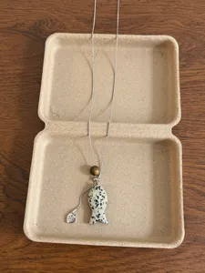 Korean style cute fish pendant necklace with natural stone bead and adjustable silver chain detail.