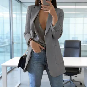Blazer Casual da Donna in Misto Sintetico Top a Revers Senza Bottoni Con Tasche Applicate Tinta Unita Divisa Professionale Top