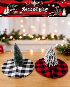Detailed scene display of mini buffalo plaid Christmas tree skirts with cute tabletop trees.