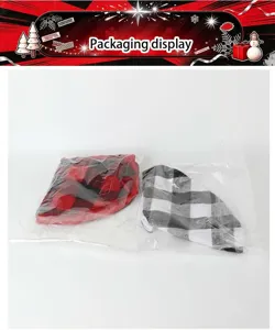 Detail view of plaid Christmas tree skirts packaging, red and black check festive decor.