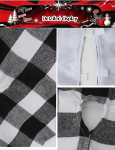 Close-up details of the black and white plaid Christmas tree skirt fabric and fastener straps.