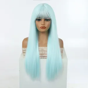 Details of the long straight light blue wig with bangs on a mannequin, smooth synthetic hair style.