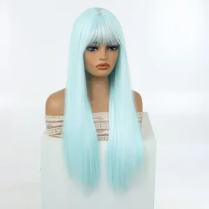 Close-up detail of long straight light blue wig with bangs displayed on mannequin head.