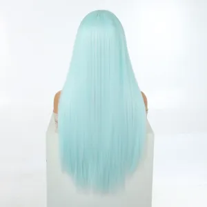 Women long straight light blue synthetic wig for cosplay daily wear fashion party style.