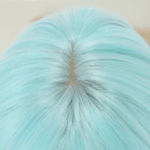 Light blue wig parting detail shot showcasing natural scalp simulation and fine synthetic hair texture.