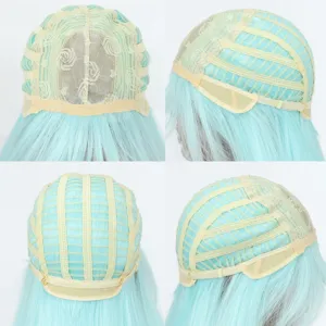 Synthetic light blue wig inner cap detail view, breathable lace net design, comfortable fit.