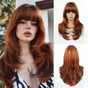 Gradient brown layered wig with bangs, natural long straight hair style for daily wear cos.