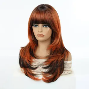 European style long layered synthetic wig with bangs gradient brown natural full head cover