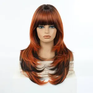 Detailed view of women long layered ombre brown wig with bangs natural styling cosplay hair.