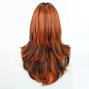 Long layered synthetic wig with brown and black highlights, natural look full wig for women.