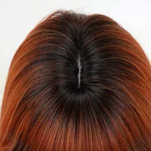 Detailed close-up view of ombre brown synthetic long hair wig featuring natural dark roots.