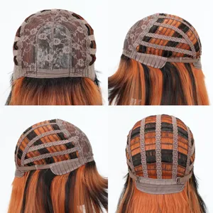 Detailed view of women gradient synthetic wig inner cap, breathable lace net and adjustable straps.