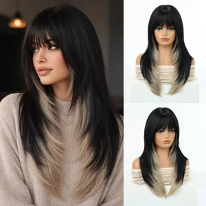 Women long layered wig with neat bangs black and blonde ombre synthetic hair natural look