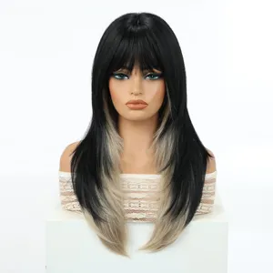 Close-up detail showing the natural layered long straight hair and stylish bangs design.