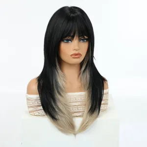 Long straight wig detail featuring stylish bangs and natural gradient ombre color design.