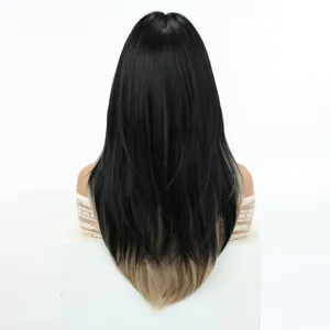 Detailed back view of women's long straight gradient synthetic wig, natural black and brown layers.