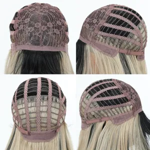 Wig inner cap detail view showing breathable lace net structure and adjustable straps for comfortable fit.