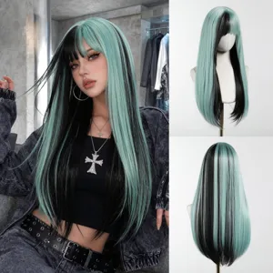 Long straight wig with bangs, striking black and teal split dye design for stylish cosplay looks.