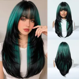 Women long layered straight synthetic wig with bangs, black and green gradient cosplay hair.