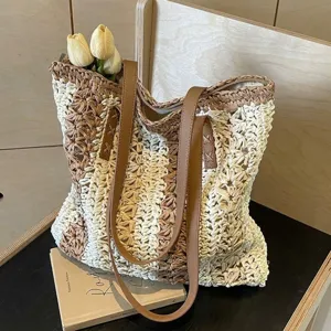 Woven Straw Tote Bag For Women Large Capacity Striped Beach Vacation Shoulder Handbag With Leather Straps Bohemian Style