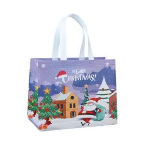 Sac shopping non-tissé de Noël vue détaillée, imprimé Père Noël festif, sac cadeau robuste.