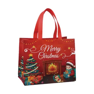 Sac de shopping de Noël en non-tissé rouge laminé épais pour les emballages cadeaux.