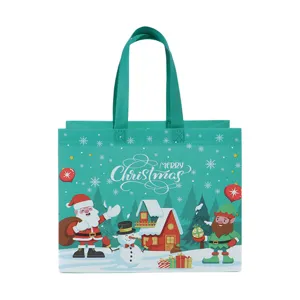 Sac de shopping de Noël en intissé épaissi avec imprimé festif du père Noël et bonhomme.
