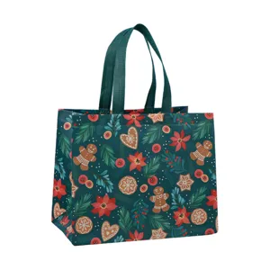 Sac cabas réutilisable de Noël en non-tissé avec motif festif de bonhomme en pain d'épices.