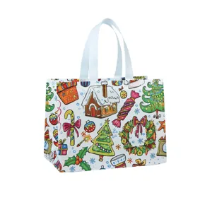 Sac cabas en tissu intissé de Noël avec impression dessin animé coloré pochette cadeau.
