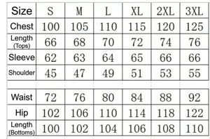 Detailed size chart for apparel including chest, length, sleeve, and waist measurements.