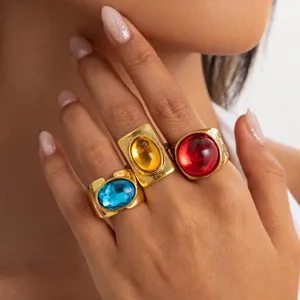 French retro square colored gemstone ring, vintage gold-tone irregular statement finger jewelry.