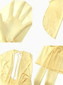 Vista dettagliata di un abito mini da festa giallo trasparente con scollo a V profondo.