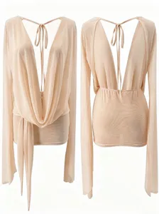 Mini abito sexy in tulle trasparente scollo a V, maniche a tromba lunghe e dettaglio legatura.
