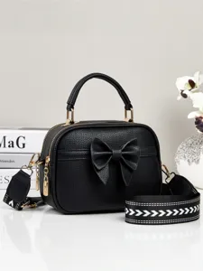 Stijlvolle zwarte PU lederen handtas met schattig strikdetail, handvat en crossbodyriem.