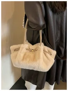 Borsa a tracolla in ecopelliccia soffice da donna, borsa tote in peluche morbido, stile invernale